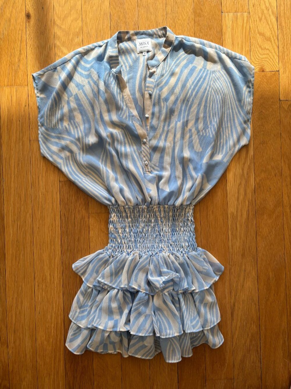 MISA Los Angeles Smocked Ruffle Tiered Mini Dress Blue White Swirl Print Size M